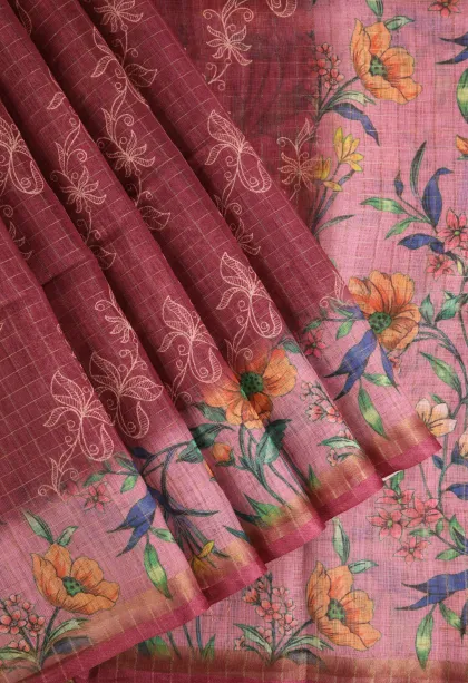 Magenta Purple Linen Saree with Gold Zari Checks And Puttas