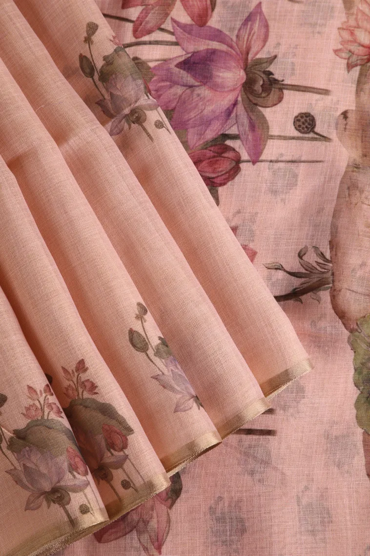 Salmon Pink Linen Saree Without Zari With Flower Mottif view 1