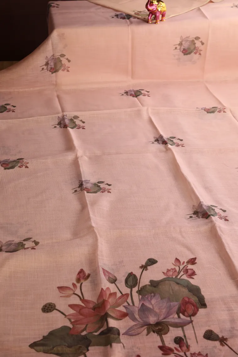 Salmon Pink Linen Saree Without Zari With Flower Mottif view 2