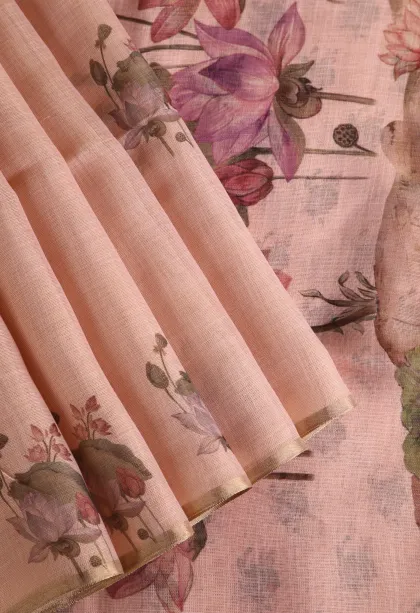 Salmon Pink Linen Saree Without Zari With Flower Mottif