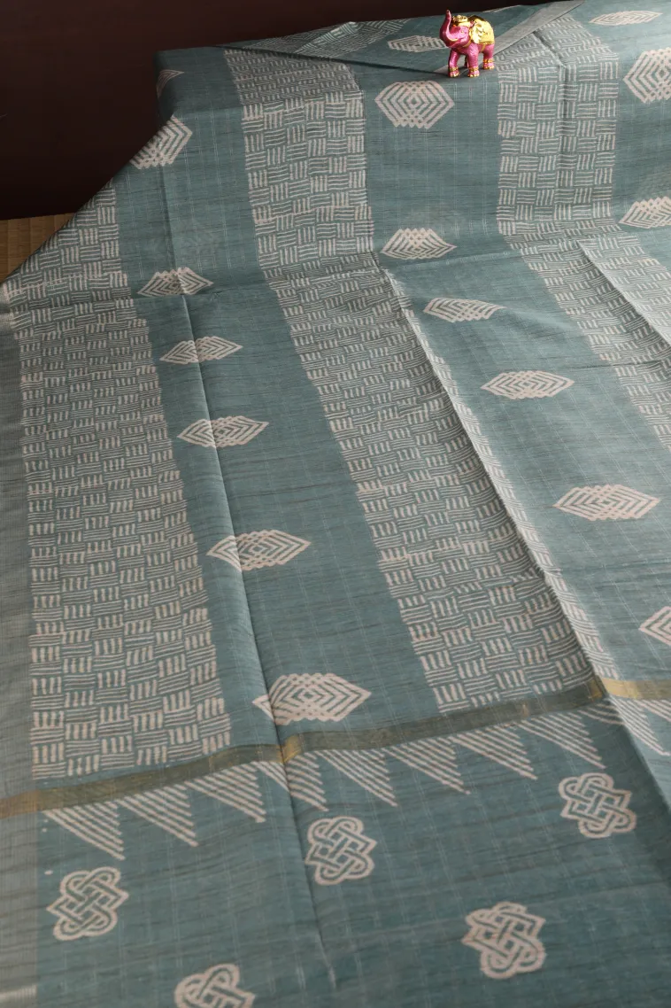 Ocean Blue Semi Tussar Silk with Gold And Silver Zari Geometric Shapes view 2