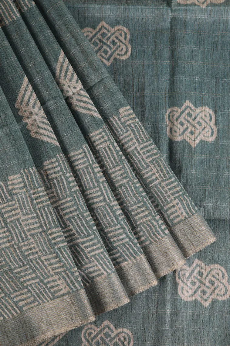 Ocean Blue Semi Tussar Silk with Gold And Silver Zari Geometric Shapes