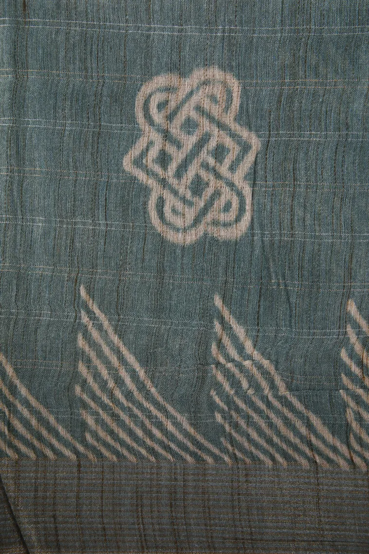 Ocean Blue Semi Tussar Silk with Gold And Silver Zari Geometric Shapes view 3