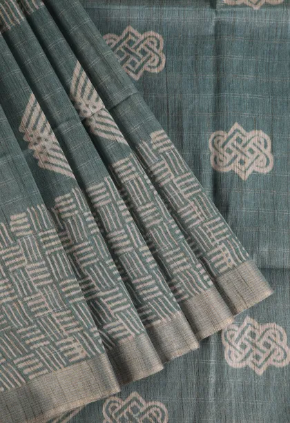 Ocean Blue Semi Tussar Silk with Gold And Silver Zari Geometric Shapes