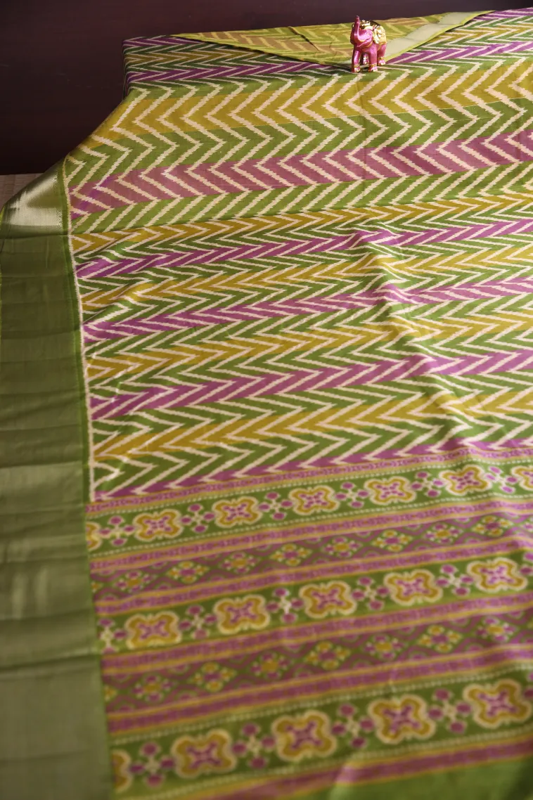 Olive Green Tussar Saree with Silver Zari Jamandery Pattern view 2