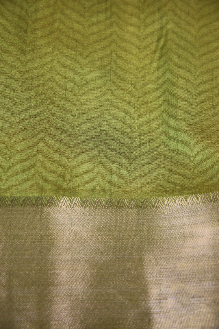Olive Green Tussar Saree with Silver Zari Jamandery Pattern view 3