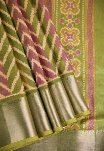Olive Green Tussar Saree with Silver Zari Jamandery Pattern