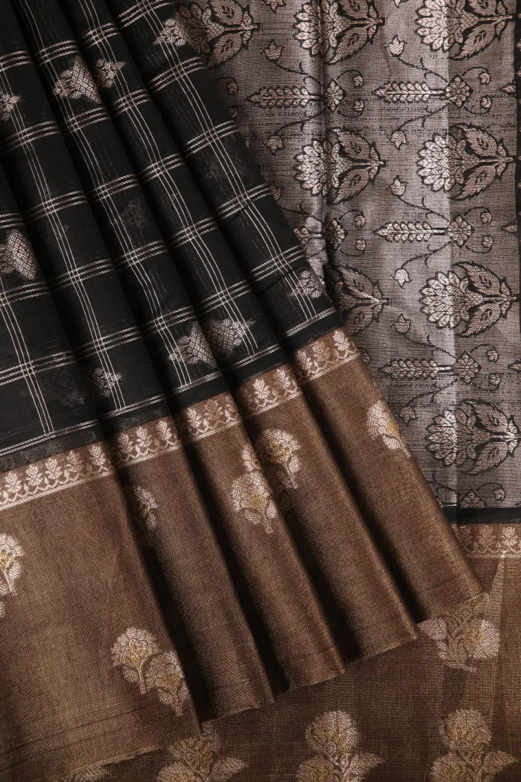 Asphalt Black Raw Silk Sarees with Thread Zari Checks And Puttas
