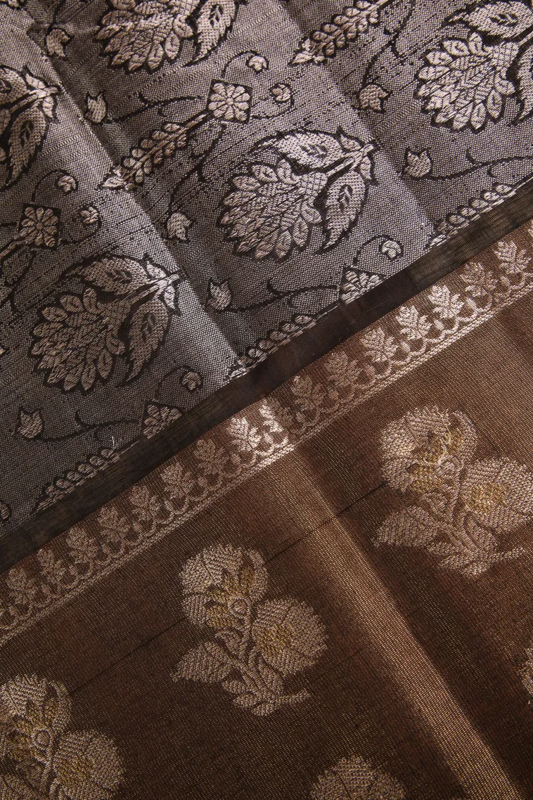 Asphalt Black Raw Silk Sarees with Thread Zari Checks And Puttas view 3