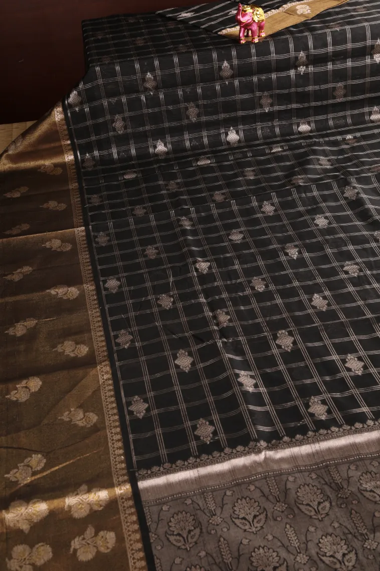 Asphalt Black Raw Silk Sarees with Thread Zari Checks And Puttas view 2