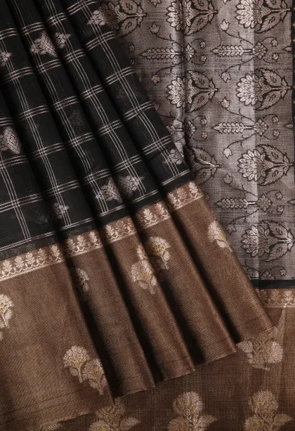 Asphalt Black Raw Silk Sarees with Thread Zari Checks And Puttas