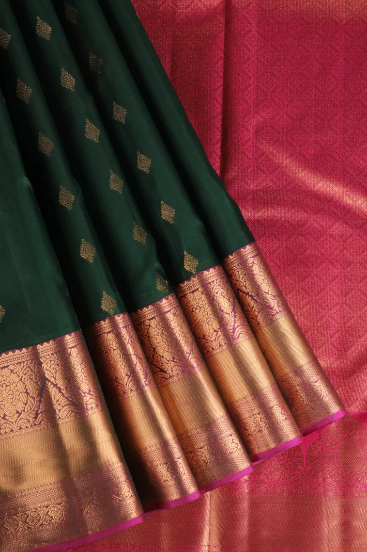 Bottle Green Soft Silk Saree with Gold Zari Buttis (small Dots Or Motifs) view 1