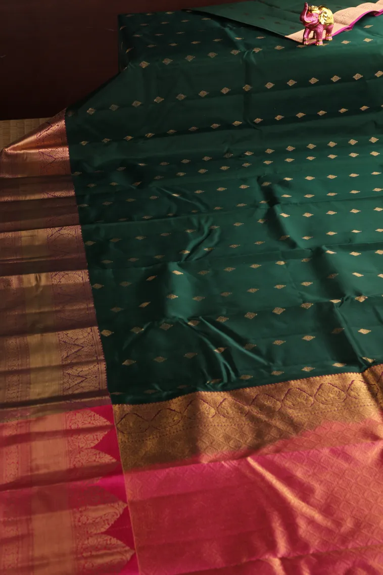 Bottle Green Soft Silk Saree with Gold Zari Buttis (small Dots Or Motifs) view 2
