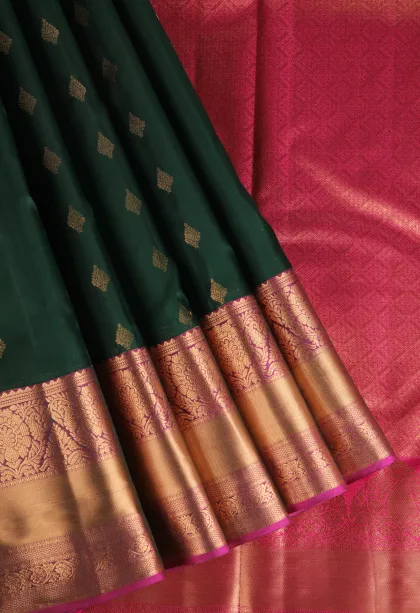Bottle Green Soft Silk Saree with Gold Zari Buttis (small Dots Or Motifs)