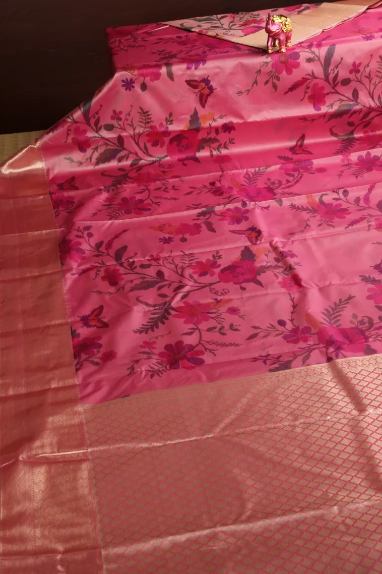 Rose Pink Soft Silk Sarees with Bronze Zari Floral Patterns view 2