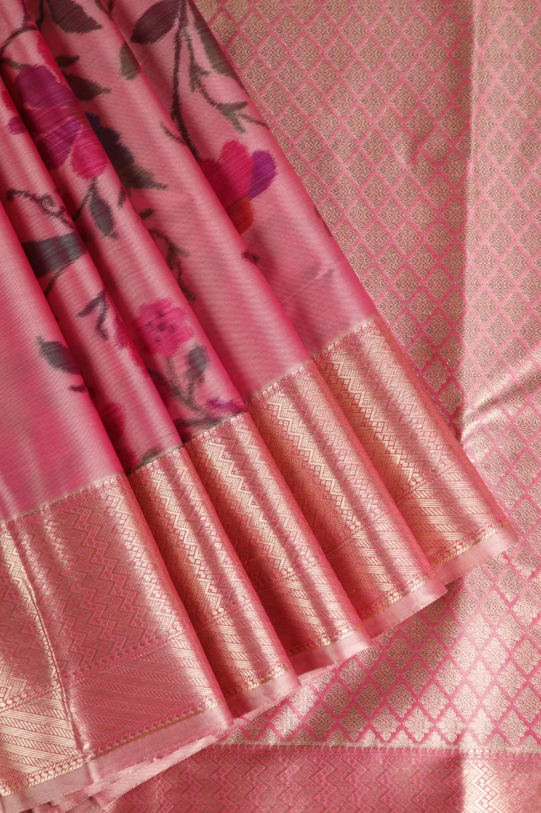 Rose Pink Soft Silk Sarees with Bronze Zari Floral Patterns
