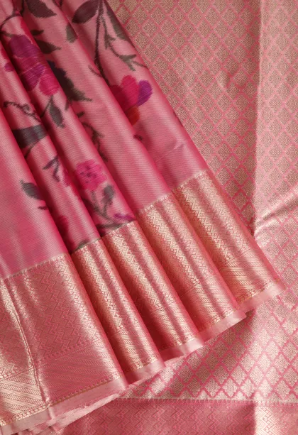 Rose Pink Soft Silk Sarees with Bronze Zari Floral Patterns