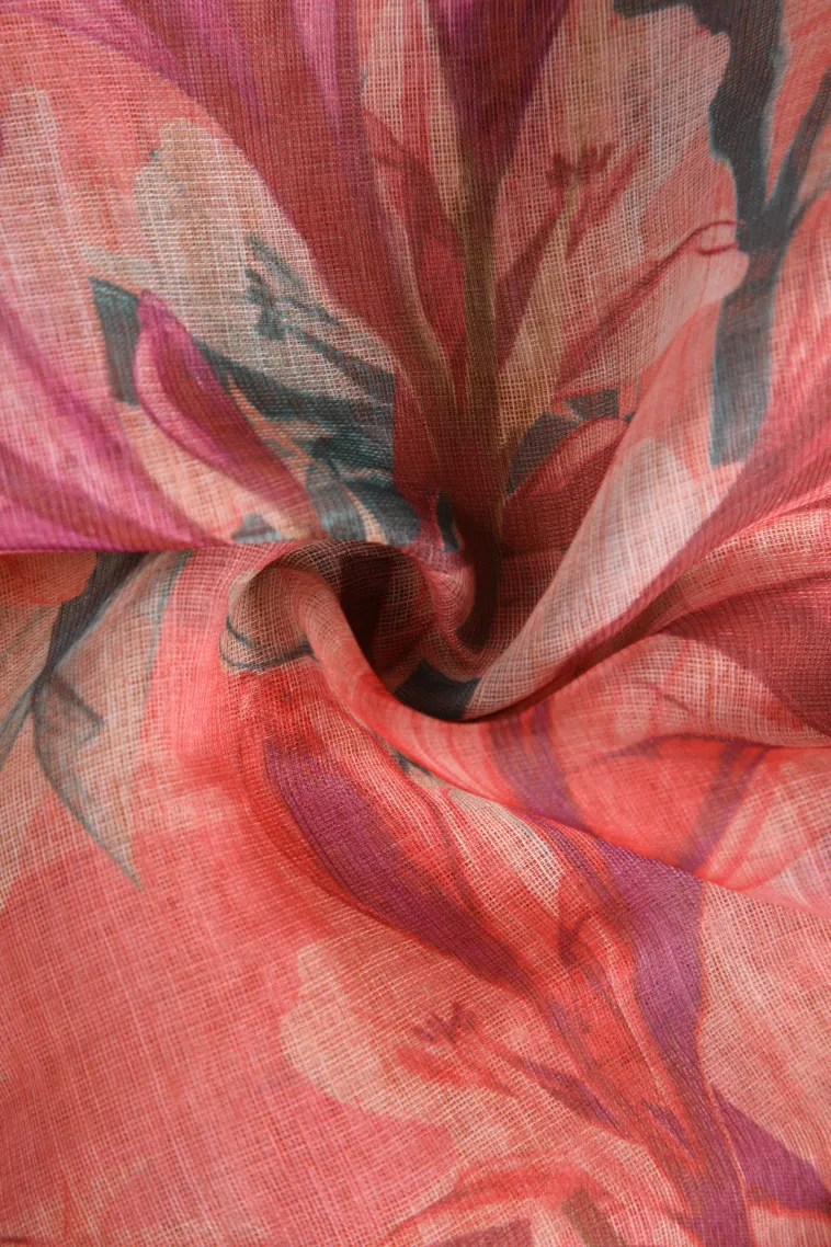 Salmon Pink Linen Saree with Silver Zari Floral Patterns view 4
