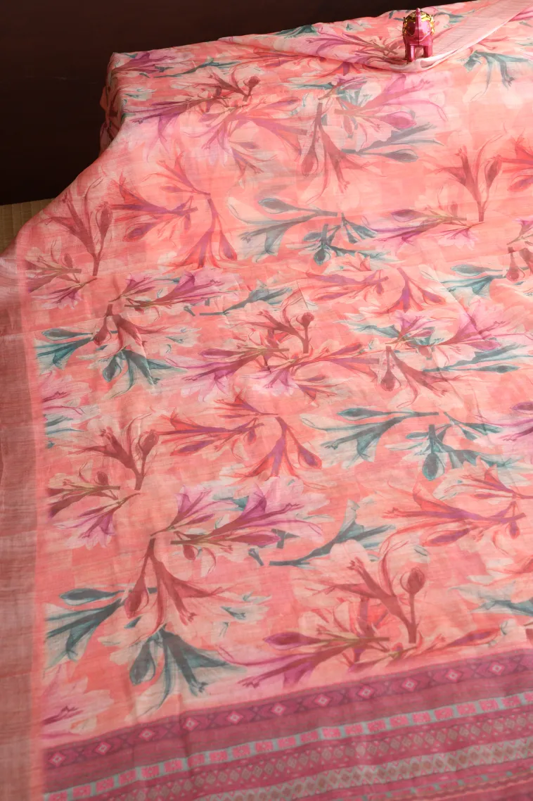 Salmon Pink Linen Saree with Silver Zari Floral Patterns view 2