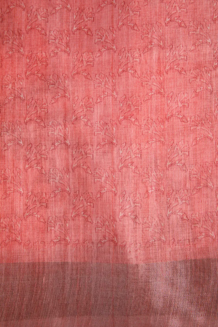 Salmon Pink Linen Saree with Silver Zari Floral Patterns view 3
