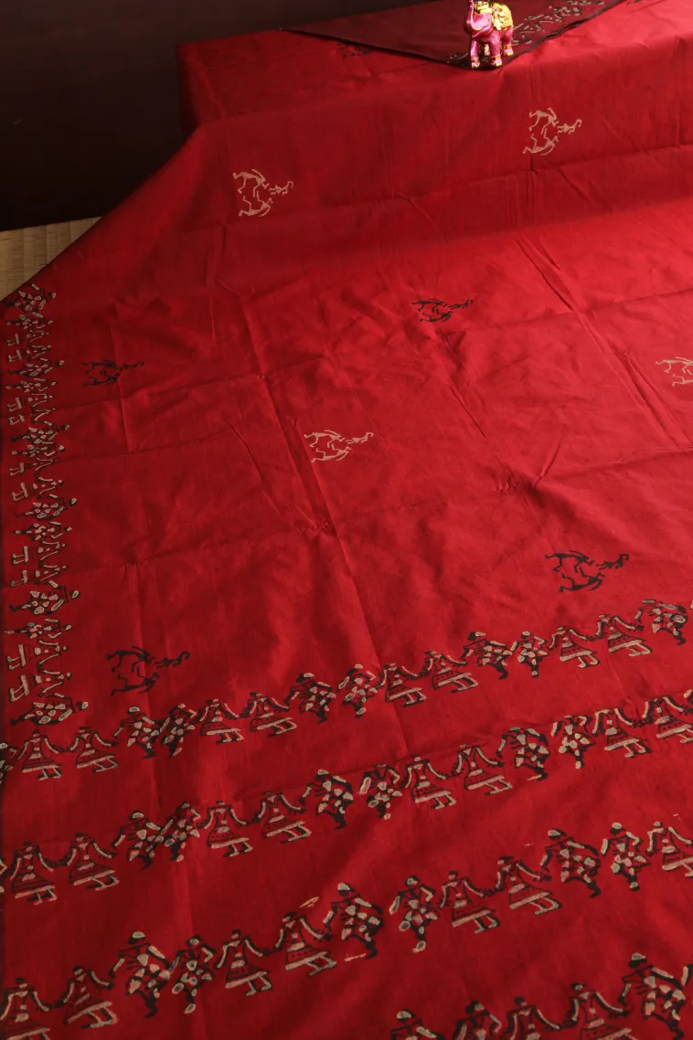 Cherry Red Poly Cotton Sarees Without Zari With Tribal Or Folk Art view 2