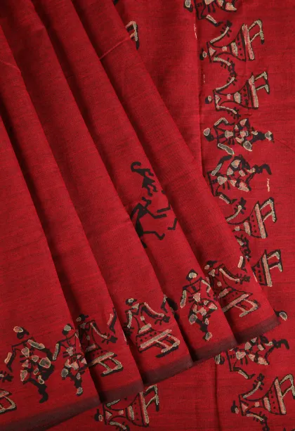 Cherry Red Poly Cotton Sarees Without Zari With Tribal Or Folk Art