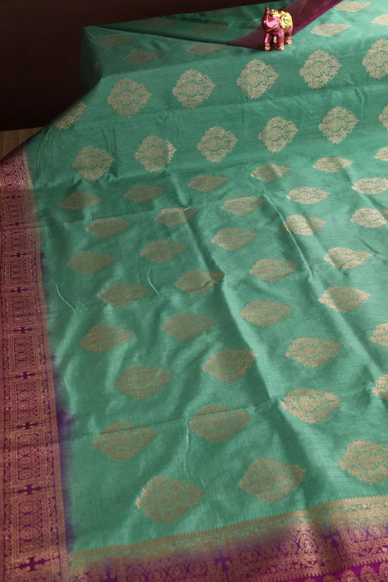 Mint Green Banaras Sarees with Gold Zari Puttas view 2
