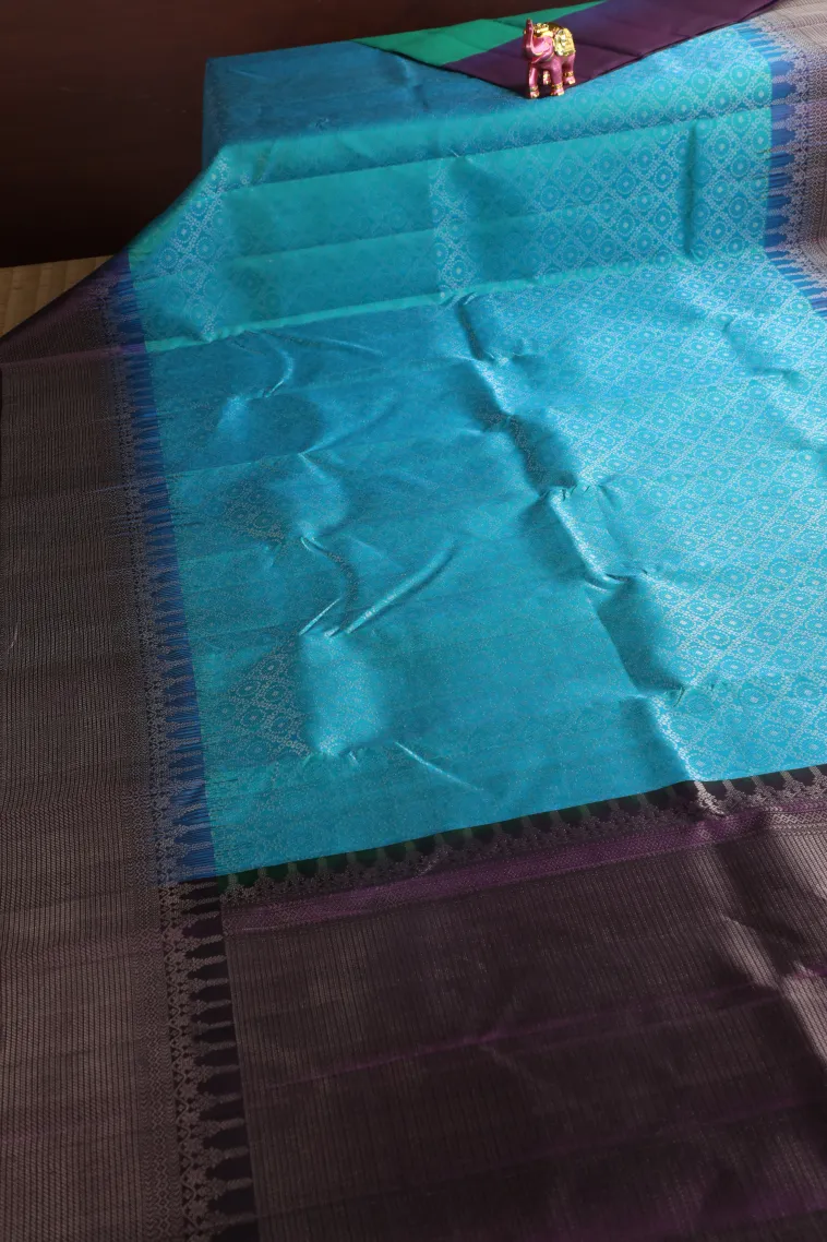 Sky Blue Soft Silk Saree with Silver Zari Geometric Shapes view 2