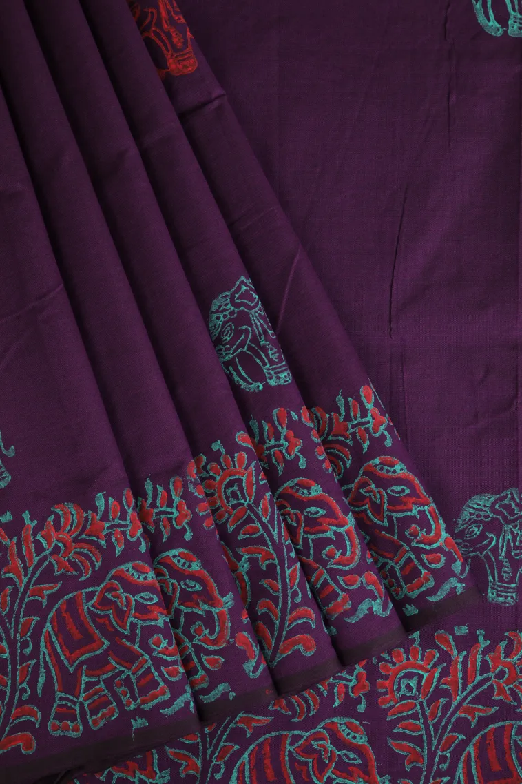 Mulberry Purple Poly Cotton Sarees Without Zari With Animal Mottif view 1