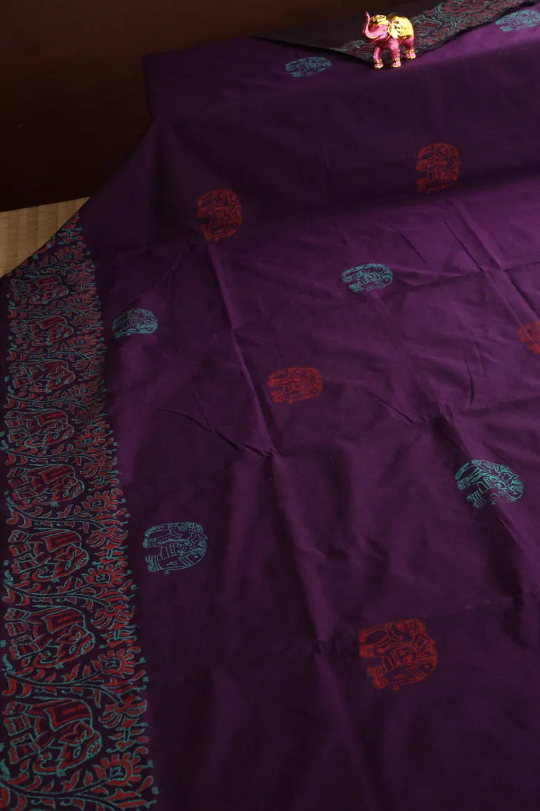 Mulberry Purple Poly Cotton Sarees Without Zari With Animal Mottif view 2