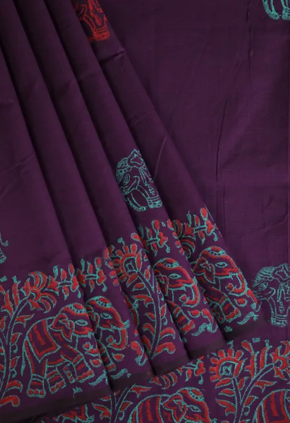 Mulberry Purple Poly Cotton Sarees Without Zari With Animal Mottif