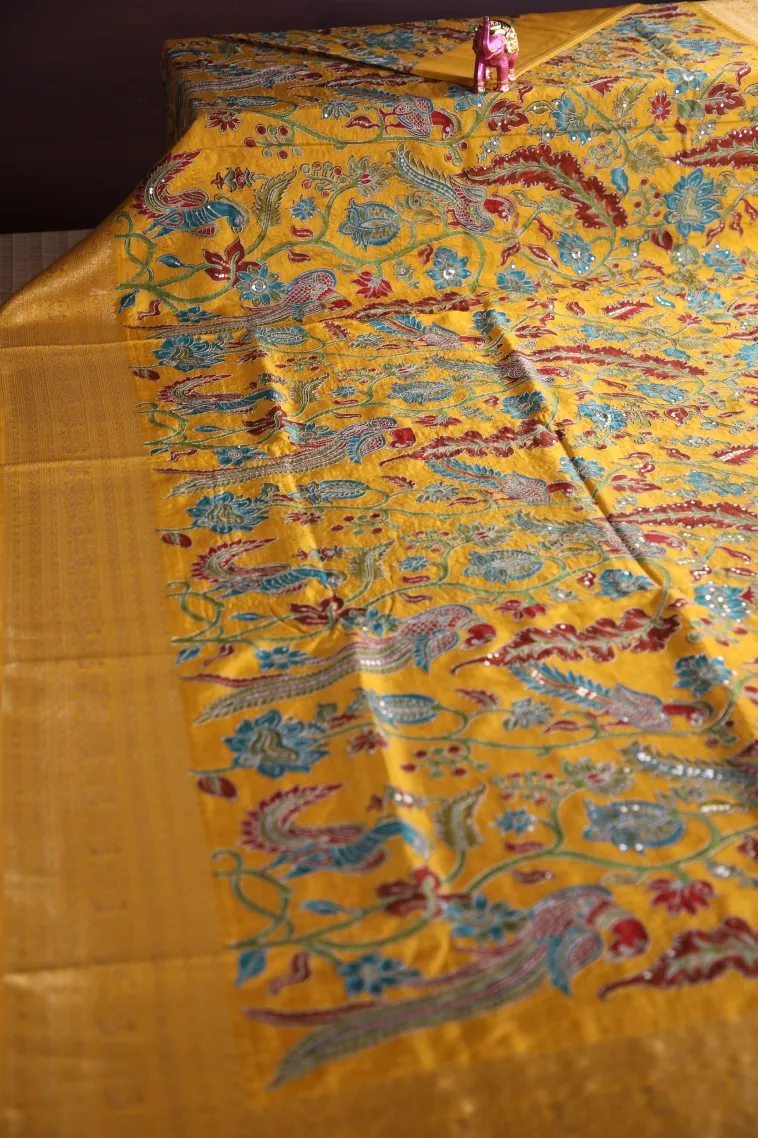 Merigold Orange Banaras Sarees with Gold Zari Floral Patterns view 2