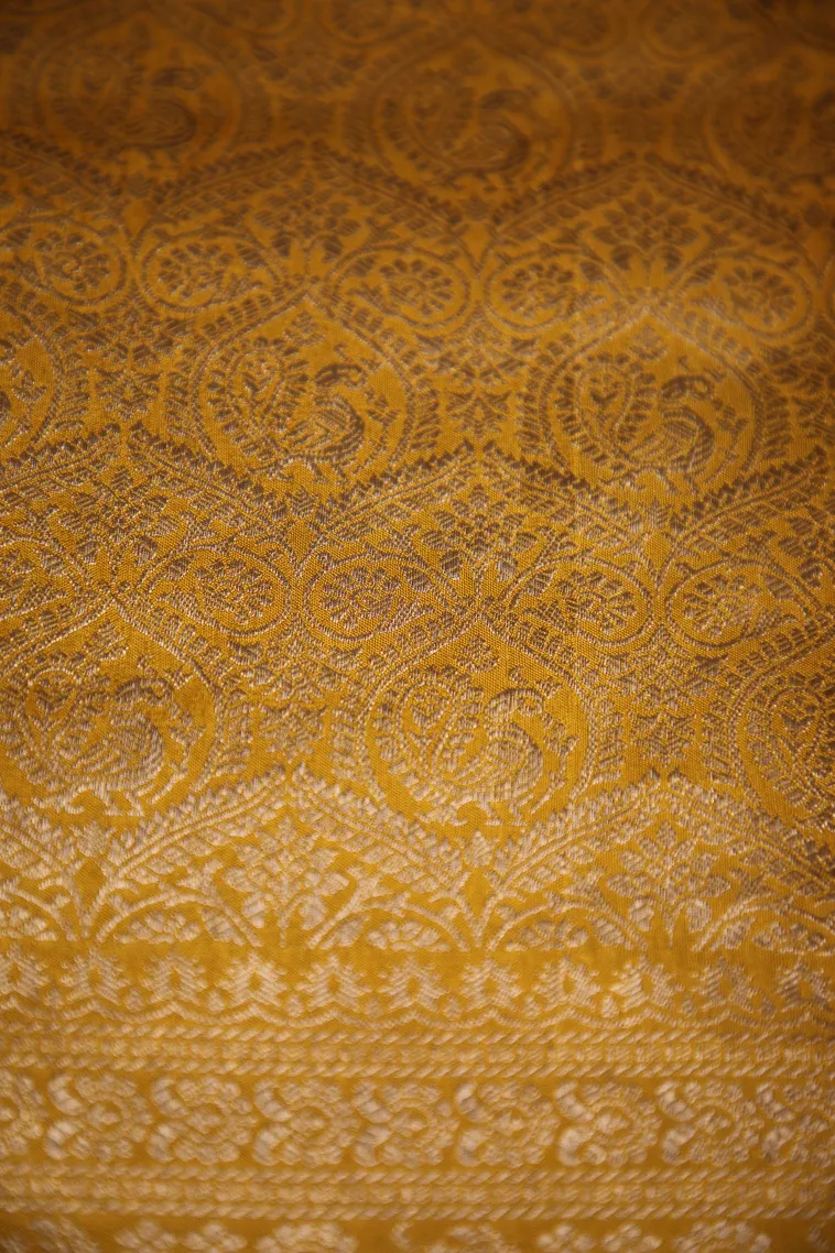 Merigold Orange Banaras Sarees with Gold Zari Floral Patterns view 3