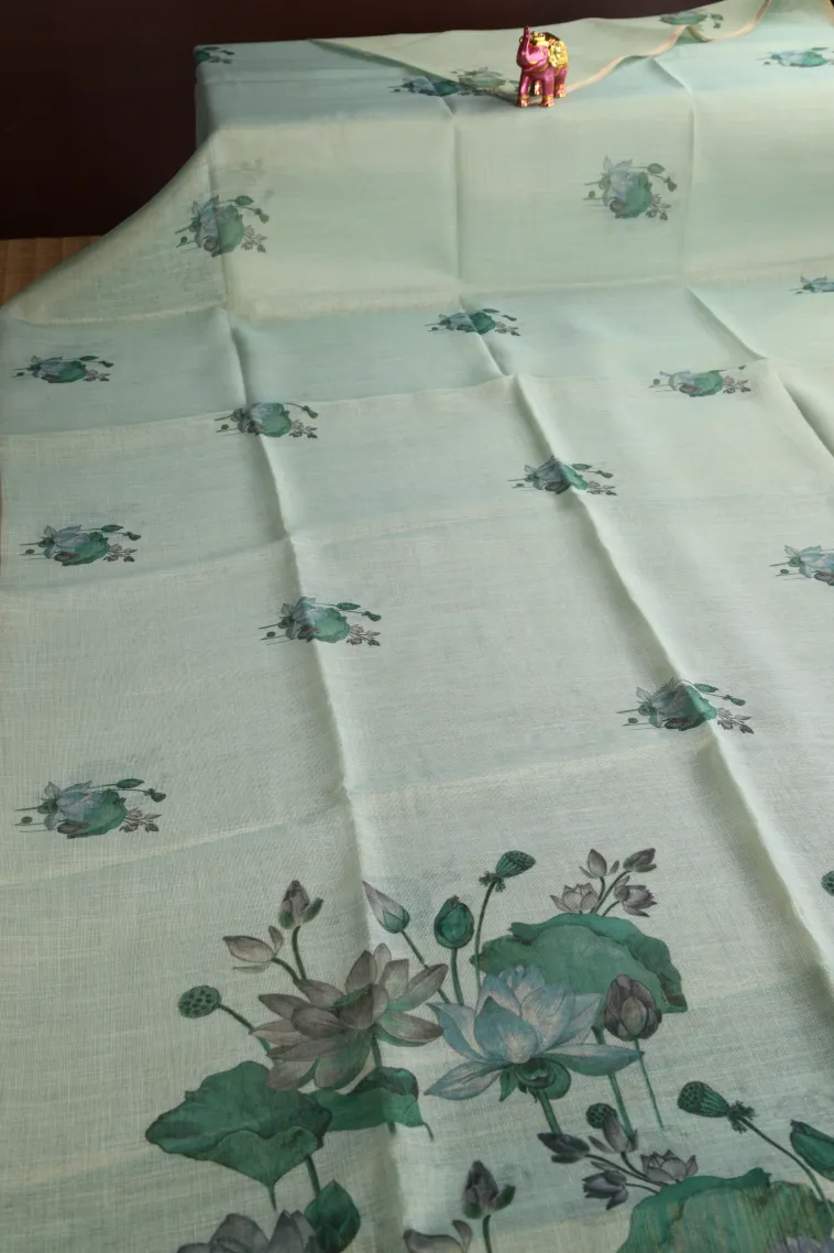 Pistachio Green Linen Saree Without Zari With Flower Mottif view 2