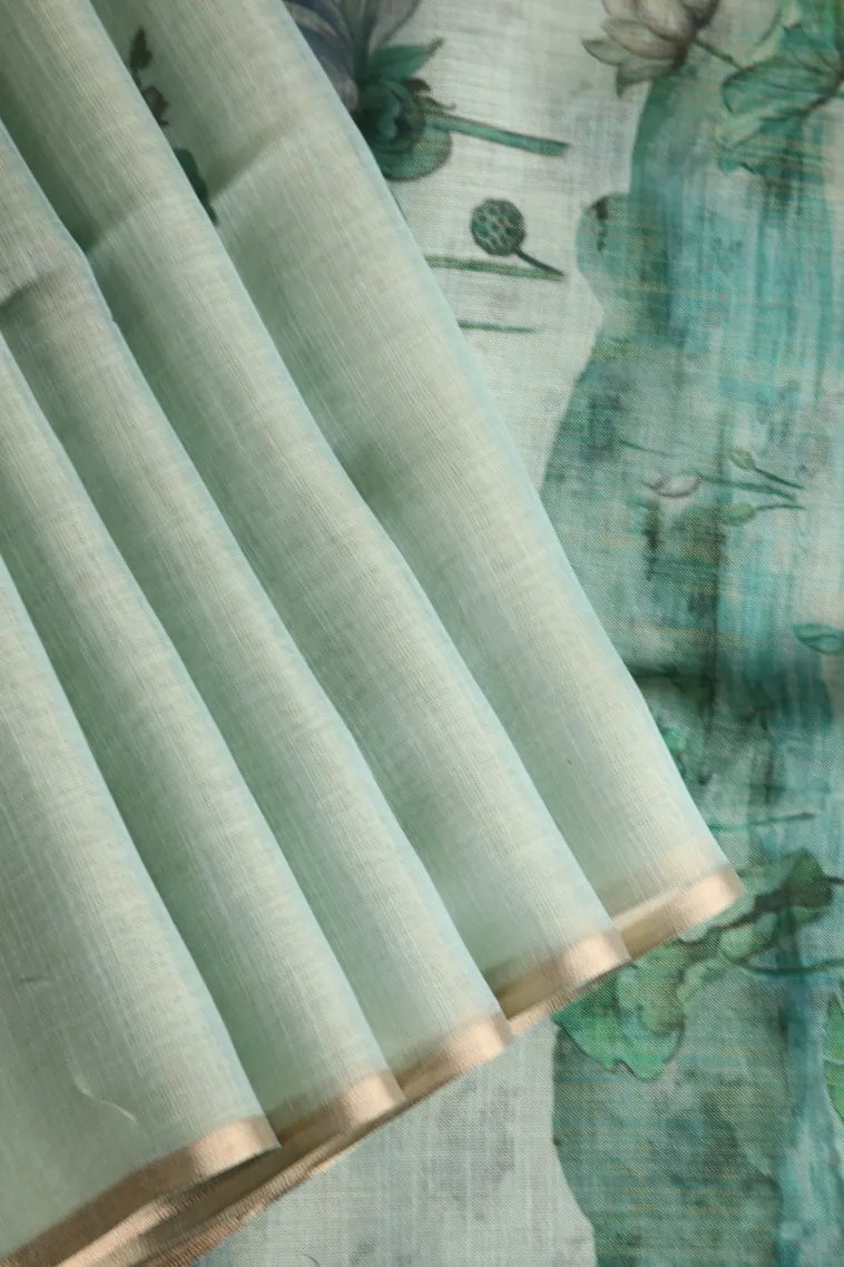 Pistachio Green Linen Saree Without Zari With Flower Mottif