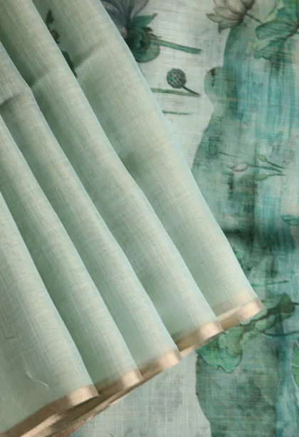 Pistachio Green Linen Saree Without Zari With Flower Mottif