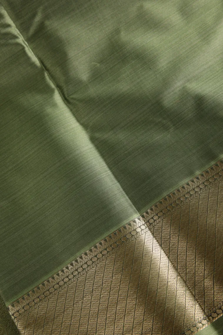 Olive Green Soft Silk Sarees with Bronze Zari Floral Patterns view 3