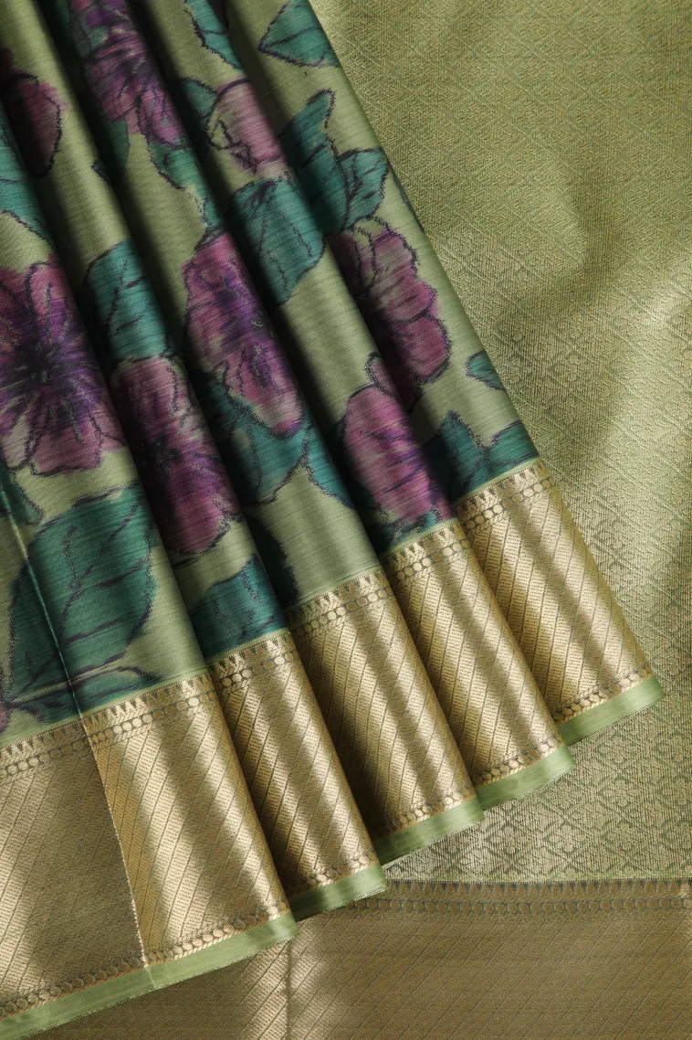Olive Green Soft Silk Sarees with Bronze Zari Floral Patterns view 1