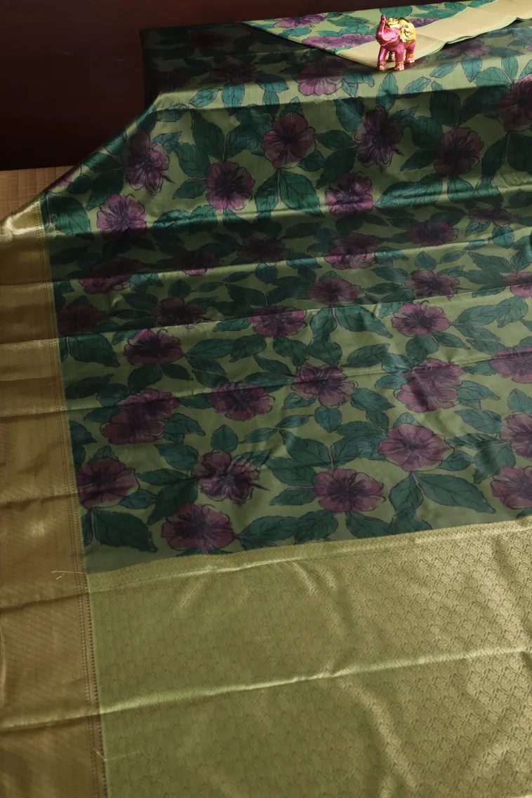 Olive Green Soft Silk Sarees with Bronze Zari Floral Patterns view 2