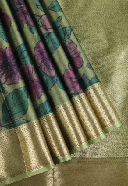 Olive Green Soft Silk Sarees with Bronze Zari Floral Patterns