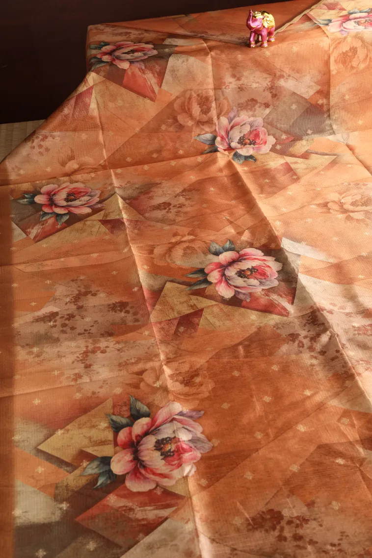Ginger Orange Semi Tussar Silk Without Zari With Floral Patterns view 2