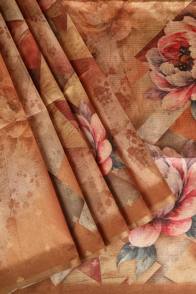 Ginger Orange Semi Tussar Silk Without Zari With Floral Patterns