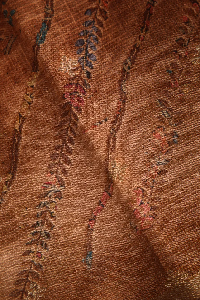 Ginger Orange Semi Tussar Silk Without Zari With Floral Patterns view 3