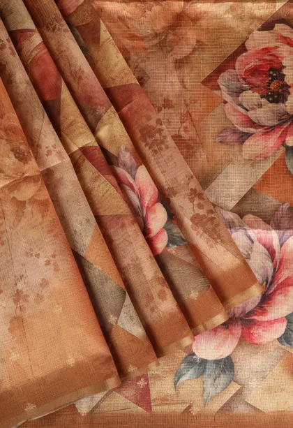 Ginger Orange Semi Tussar Silk Without Zari With Floral Patterns