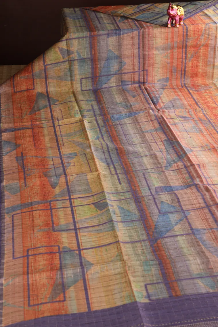 Carrot Orange Semi Tussar Silk with Gold Zari Geometric Shapes view 2