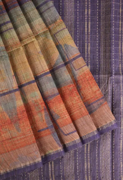Carrot Orange Semi Tussar Silk with Gold Zari Geometric Shapes