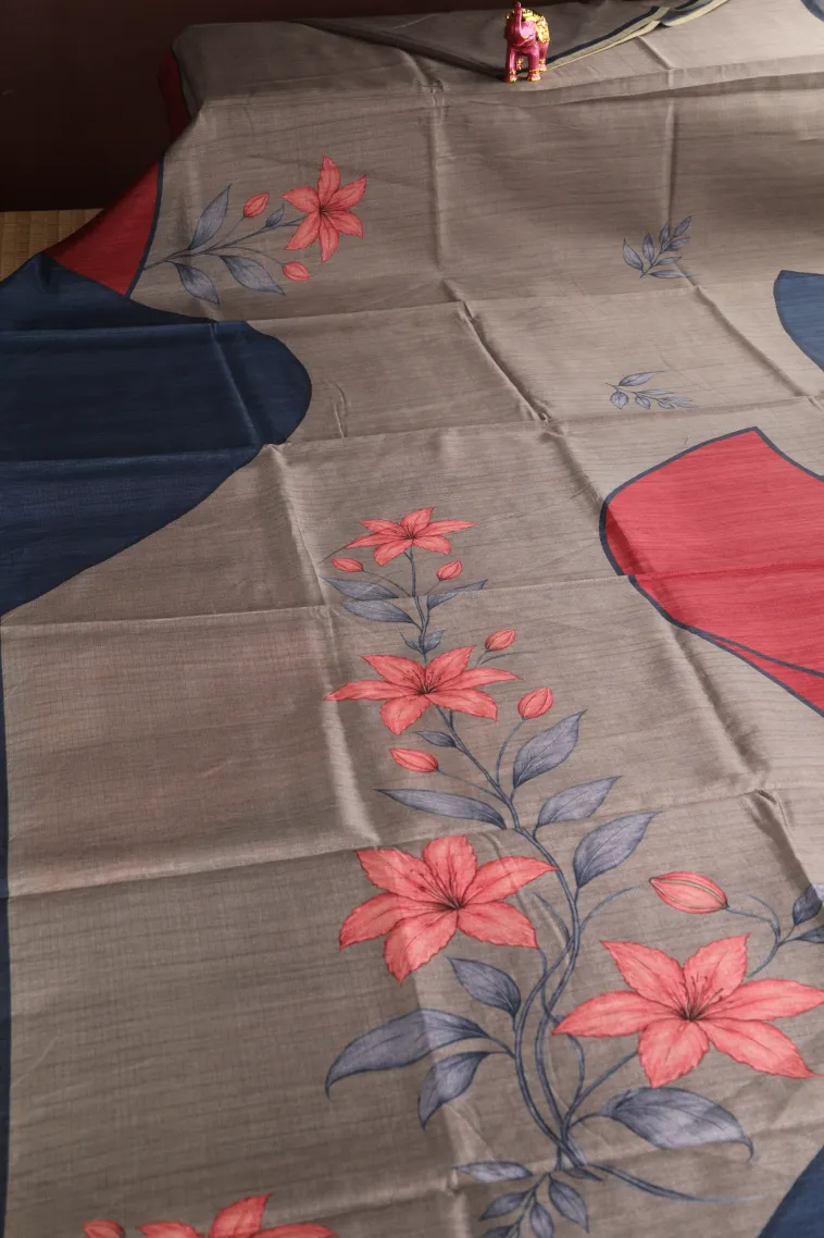Slate Blue Semi Raw Silk Printed Without Zari With Geometric Shapes view 2