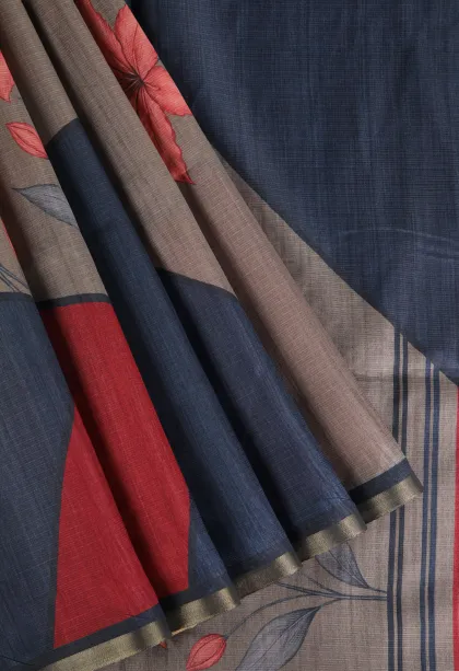 Slate Blue Semi Raw Silk Printed Without Zari With Geometric Shapes
