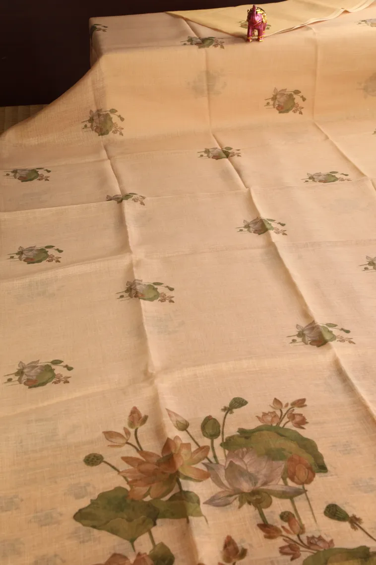 Vanilla Custard Yellow Linen Saree Without Zari With Flower Mottif view 2
