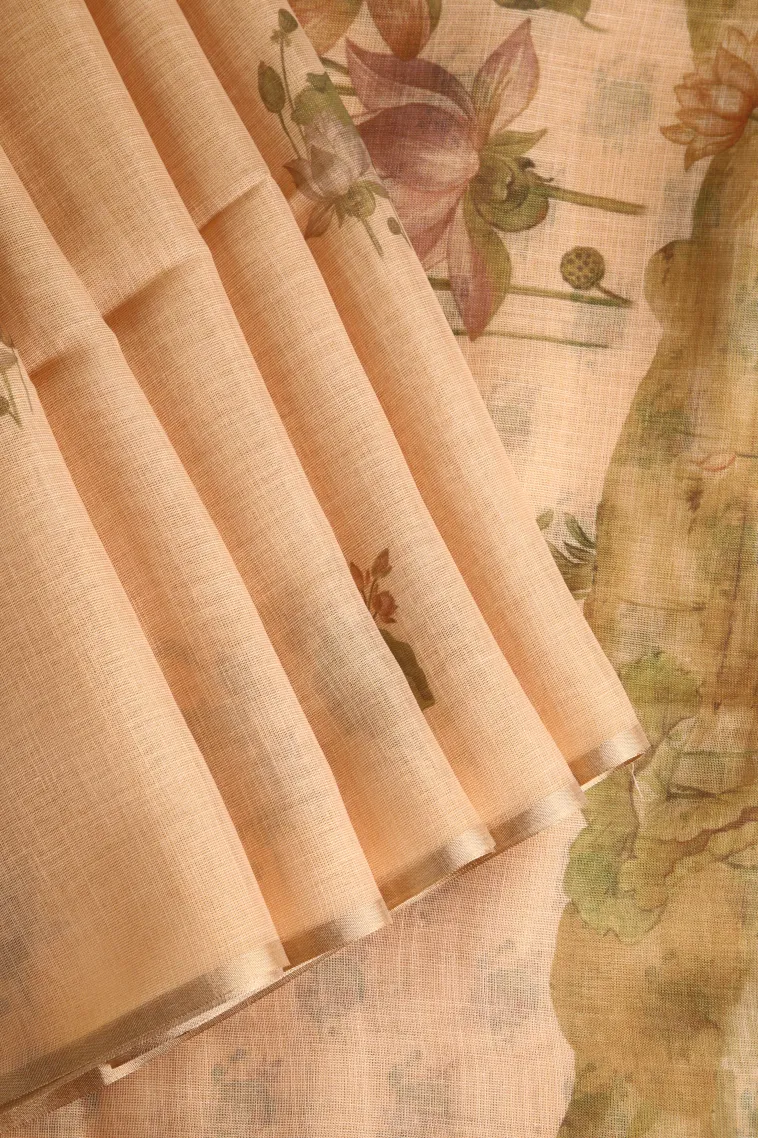 Vanilla Custard Yellow Linen Saree Without Zari With Flower Mottif